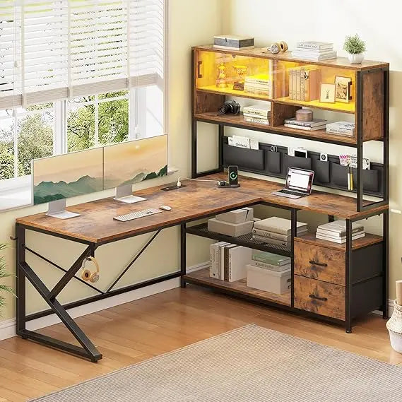 DAFIFY L Shaped Computer Desk with Drawers, Bookshelf, LED Light, Glass Cabinet for Home Office Gaming