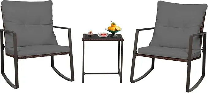 Three Piece Patio Bistro Set With Glass Coffee Table And Rocking Chairs For Outdoor Porch