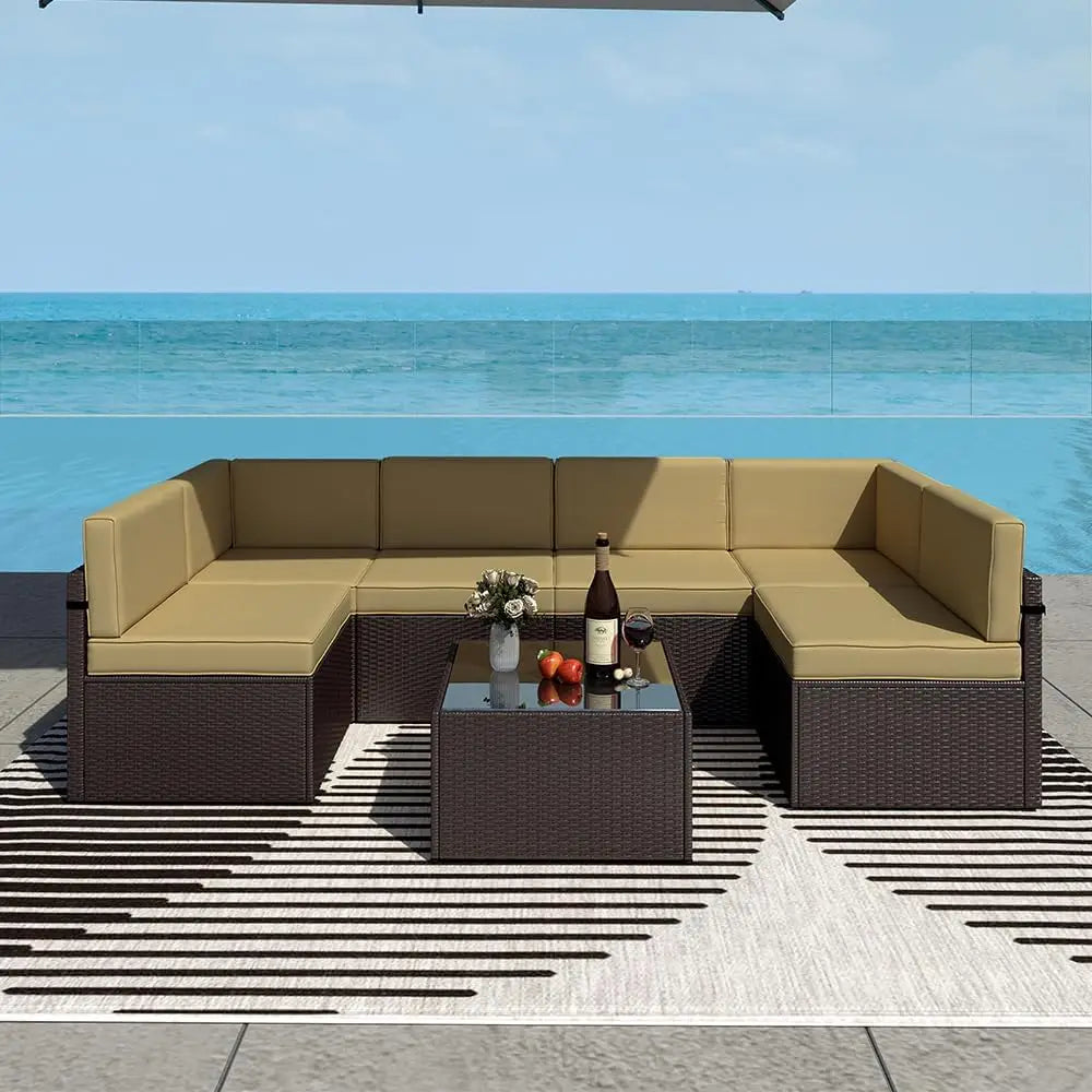 ZHUOTING 7Piece OutdoorPatio Furniture PE Wicker Rattan Sectional Conversation Set