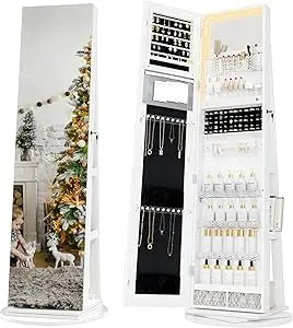 MKDK Mirror Jewelry Cabinet Armoire With LED Lighting 360 Degree Swivel Lockable