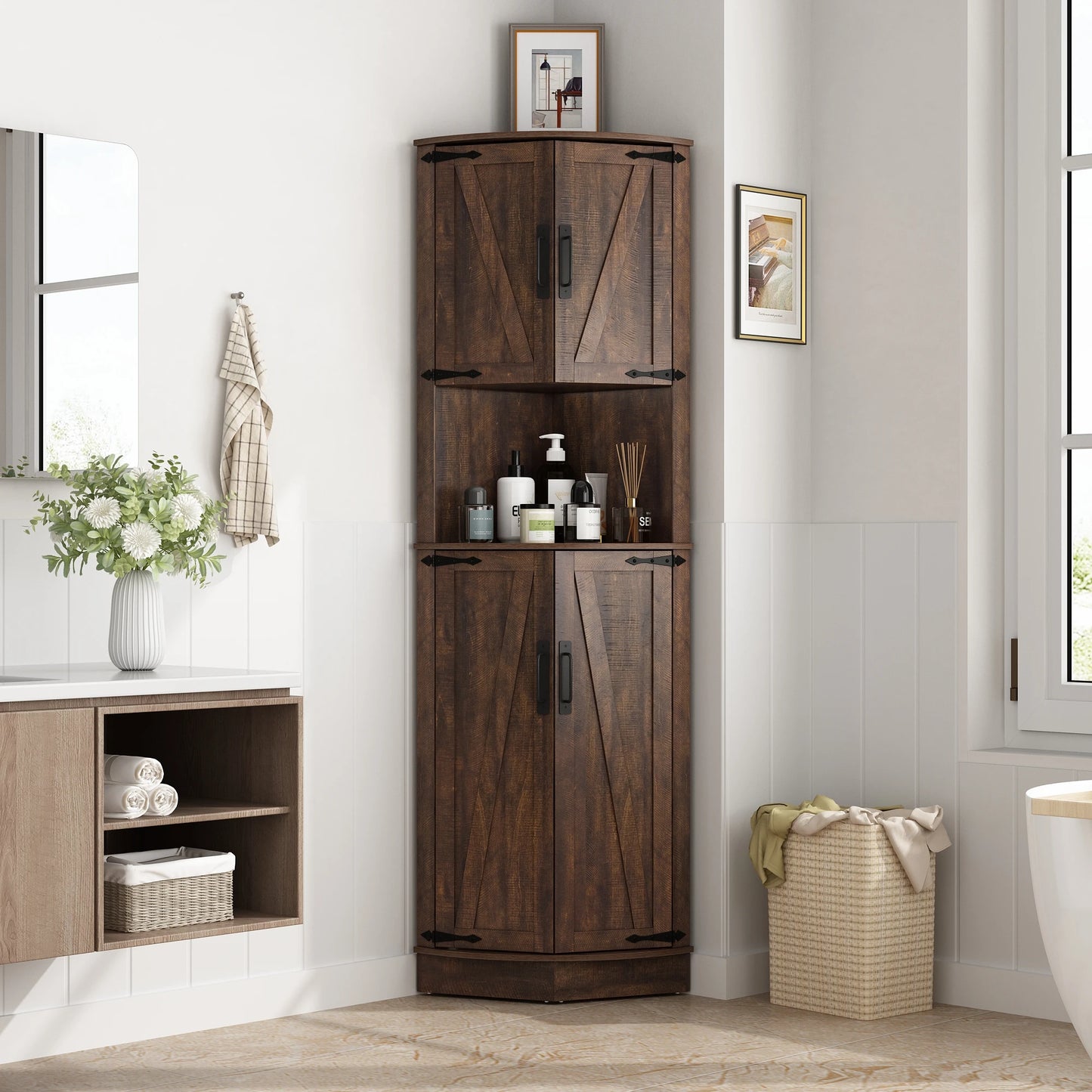 QiaoShiRenHign Farmhouse Bathroom Storage Tall Cabinet With Barn Doors And Adjustable Shelf