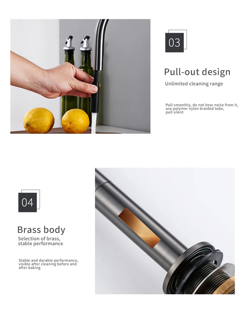 Pull Down Kitchen Sink Faucet Brushed Gunmetal Black Single Handle Double Hole Hot And Cold Sprayer Brass Countertop Mounted