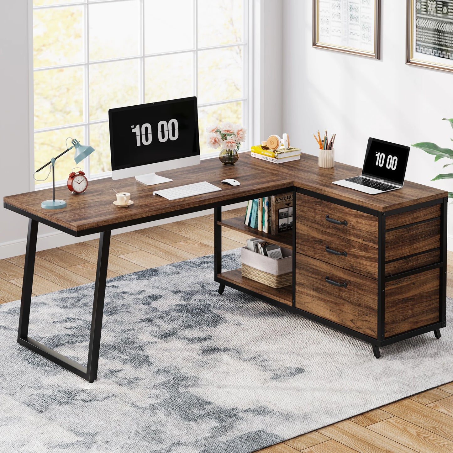 Tribesigns L-Shaped Computer Desk With 3 Drawers And Shelves