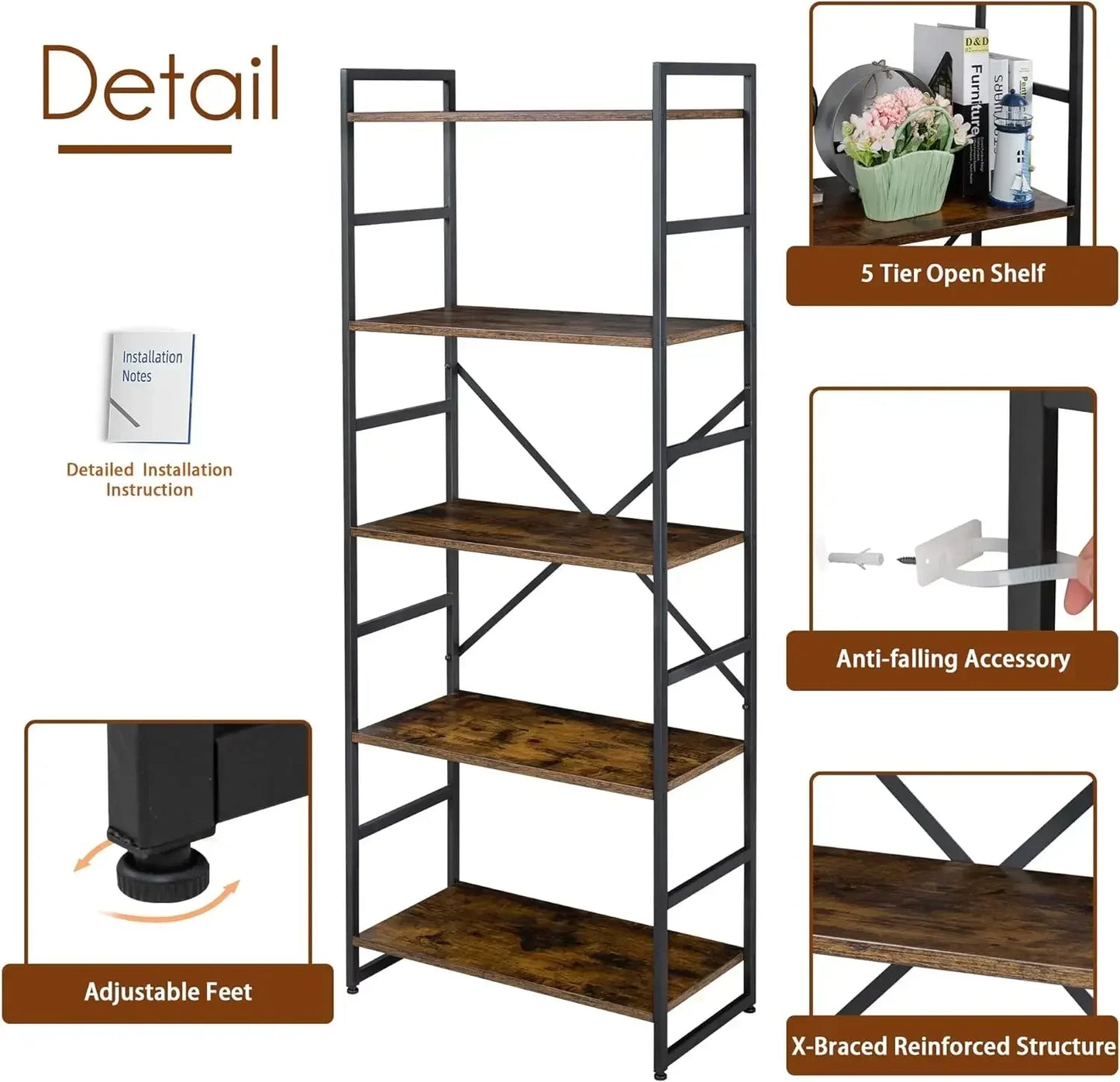 XMSJ 2Piece FiveTier Bookshelf ClassicTall Industrial Modern Display Cabinet Organization