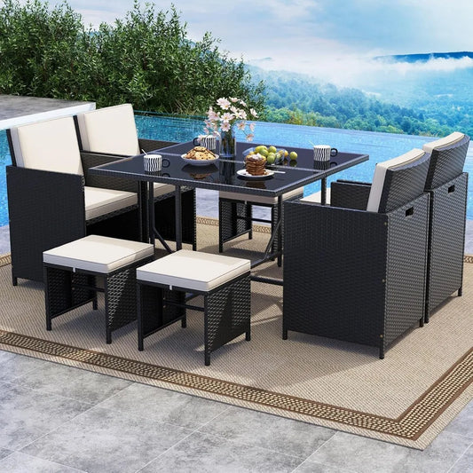 Patio Dining Set With Rattan Chairs And Tempered Glass Table