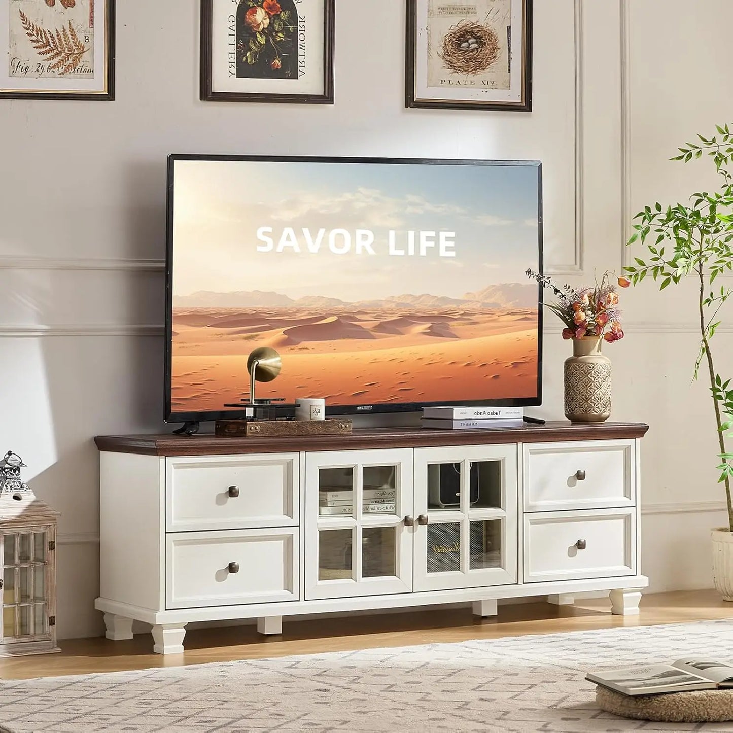 ZHUXIANG Rustic TV Stand With 4 Drawers Modern Entertainment Center