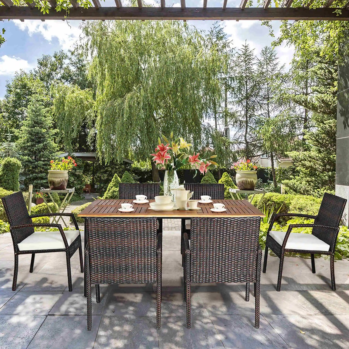 HOMASIS 7-Piece Outdoor Patio Rattan Dining Set With Wooden Table Top And Umbrella Hole