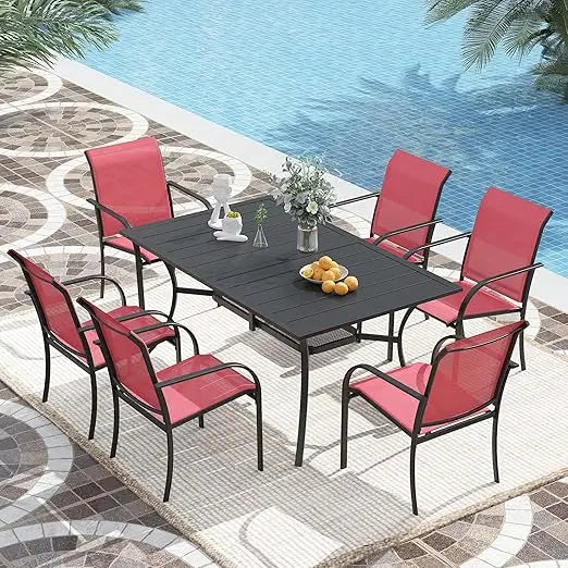 7-Piece Outdoor Patio Dining Set Weather-Resistant Powder-Coated Stackable Chairs