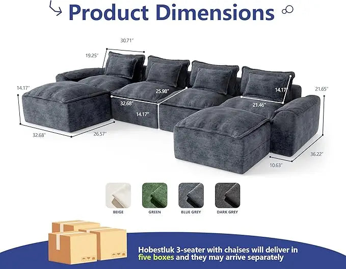 HUANZHUANG Cloud Modular Sectional Sofa U Shaped 4 Seater With Ottomans And Removable Covers