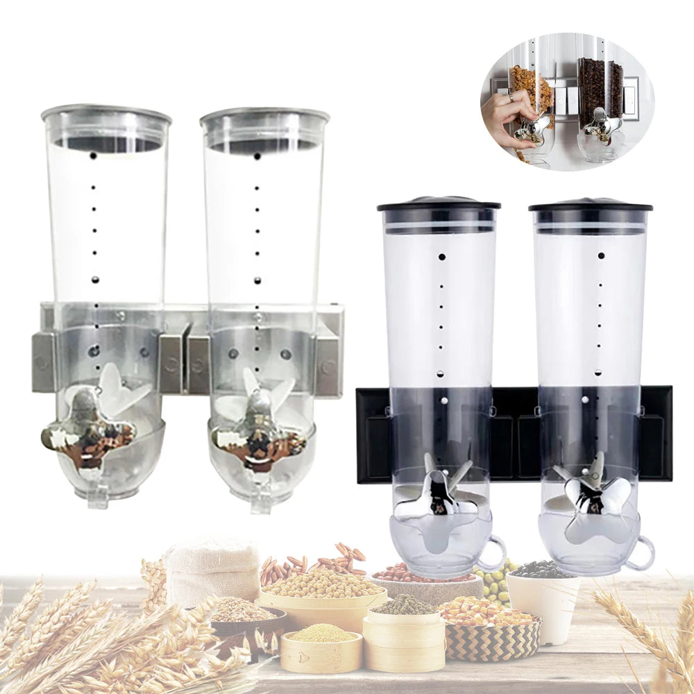 Cereal Dispenser 2Pcs Wall Mount Dry Food Container Storage For Nuts Coffee Beans Kitchen Storage Case Rice Grain Silver/Black