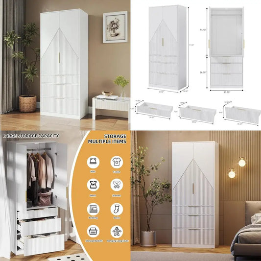 Wooden Wardrobe Armoire With Double Doors, 3 Drawers, Hanging Rod And Shelf For Bedroom Storage