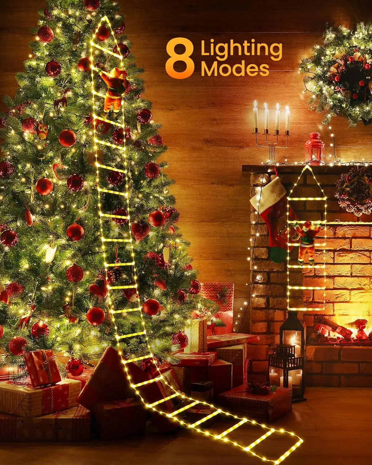 XMSJ Christmas LED Ladder Lights With Climbing Santa OutdoorDecorations EightModes