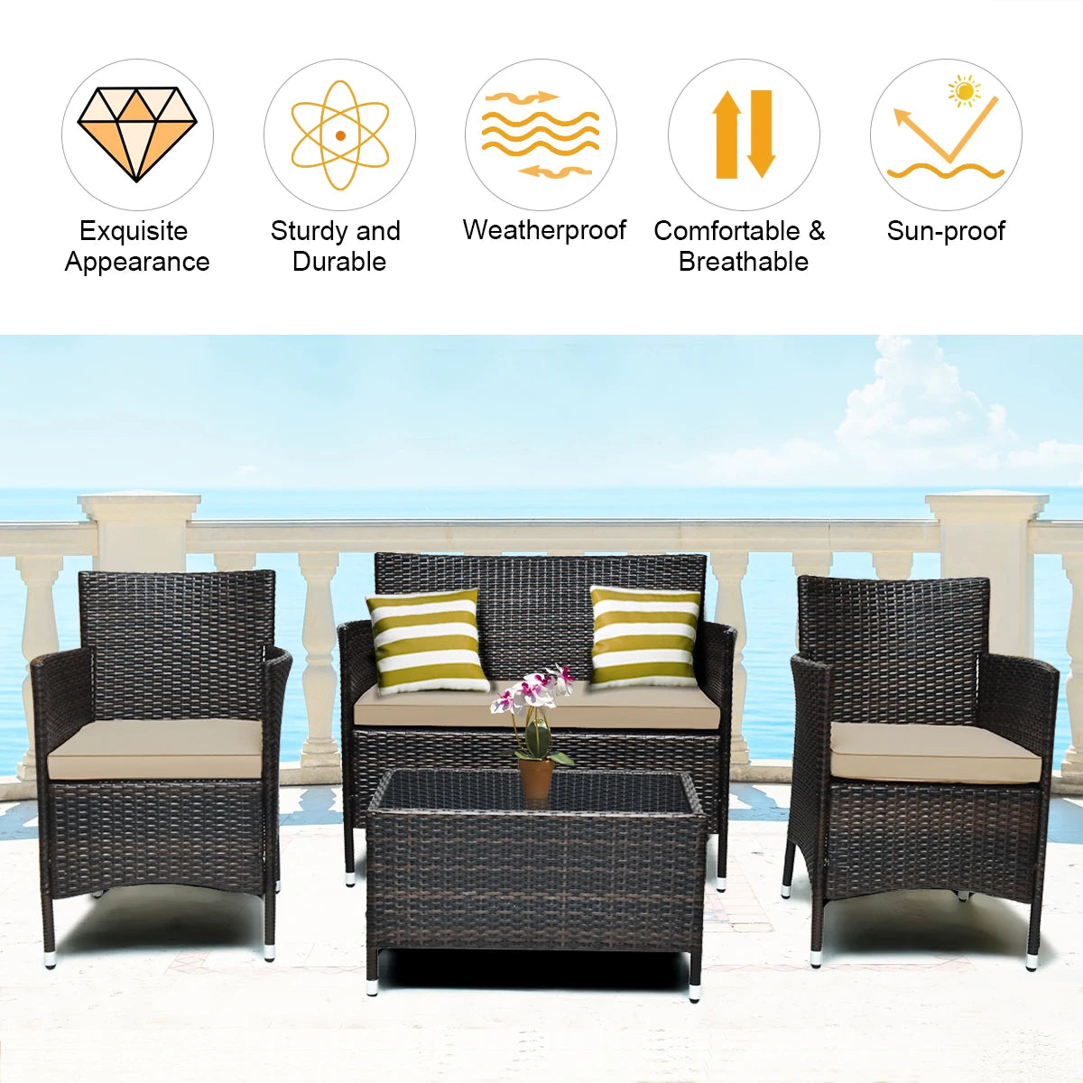 HOMASIS 4 Piece Rattan Patio Furniture Set Cushioned Sofa Chair Coffee Table Garden