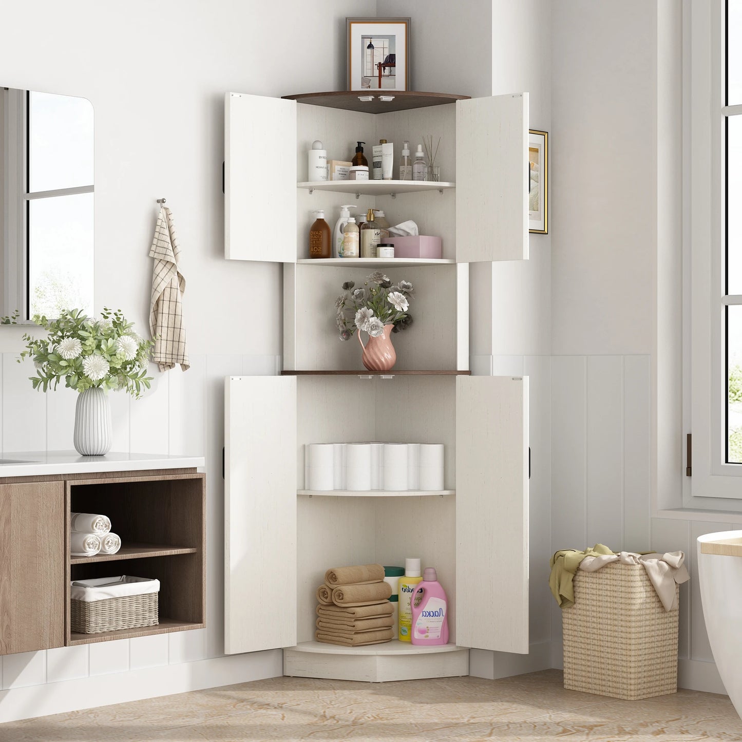 QiaoShiRenHign Farmhouse Bathroom Storage Tall Cabinet With Barn Doors And Adjustable Shelf