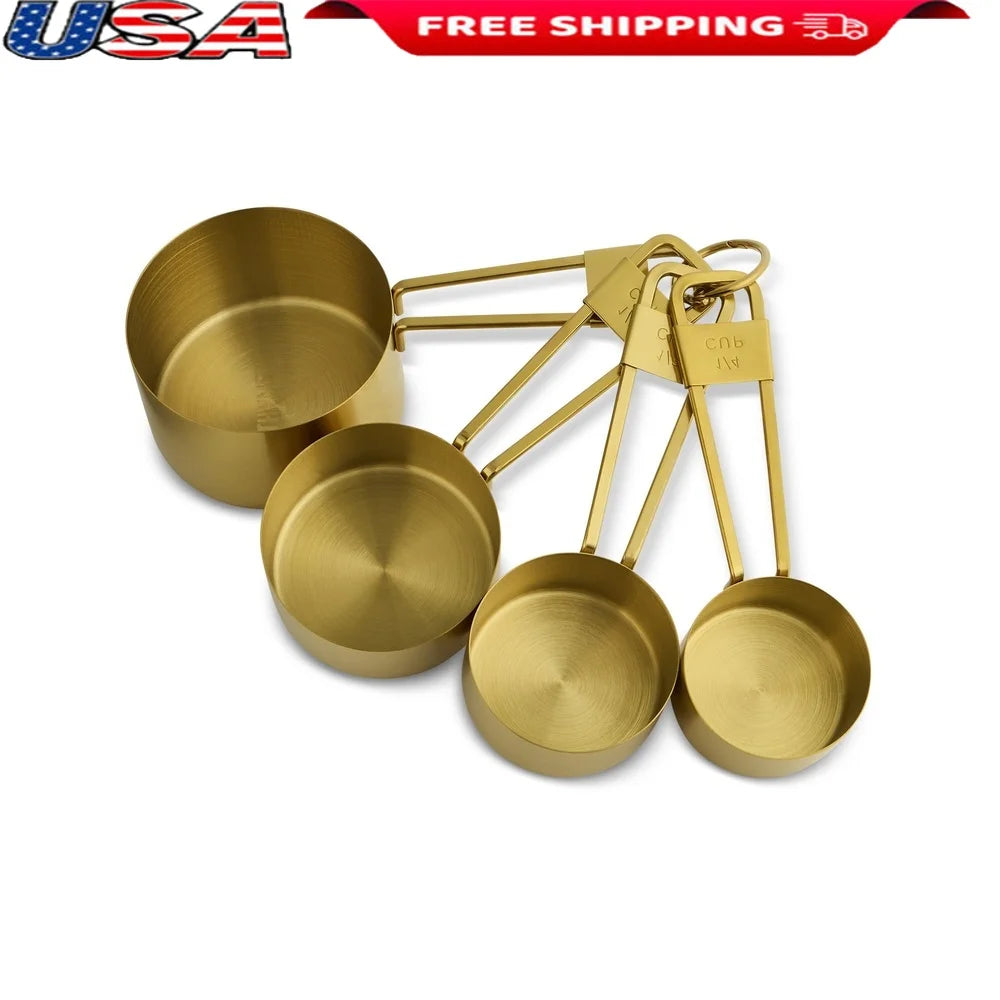 Gold Stainless Steel Measuring Cups Set 4 Piece Nesting Measuring Tools Kitchen Cooking Baking Essential Durable Hand Wash