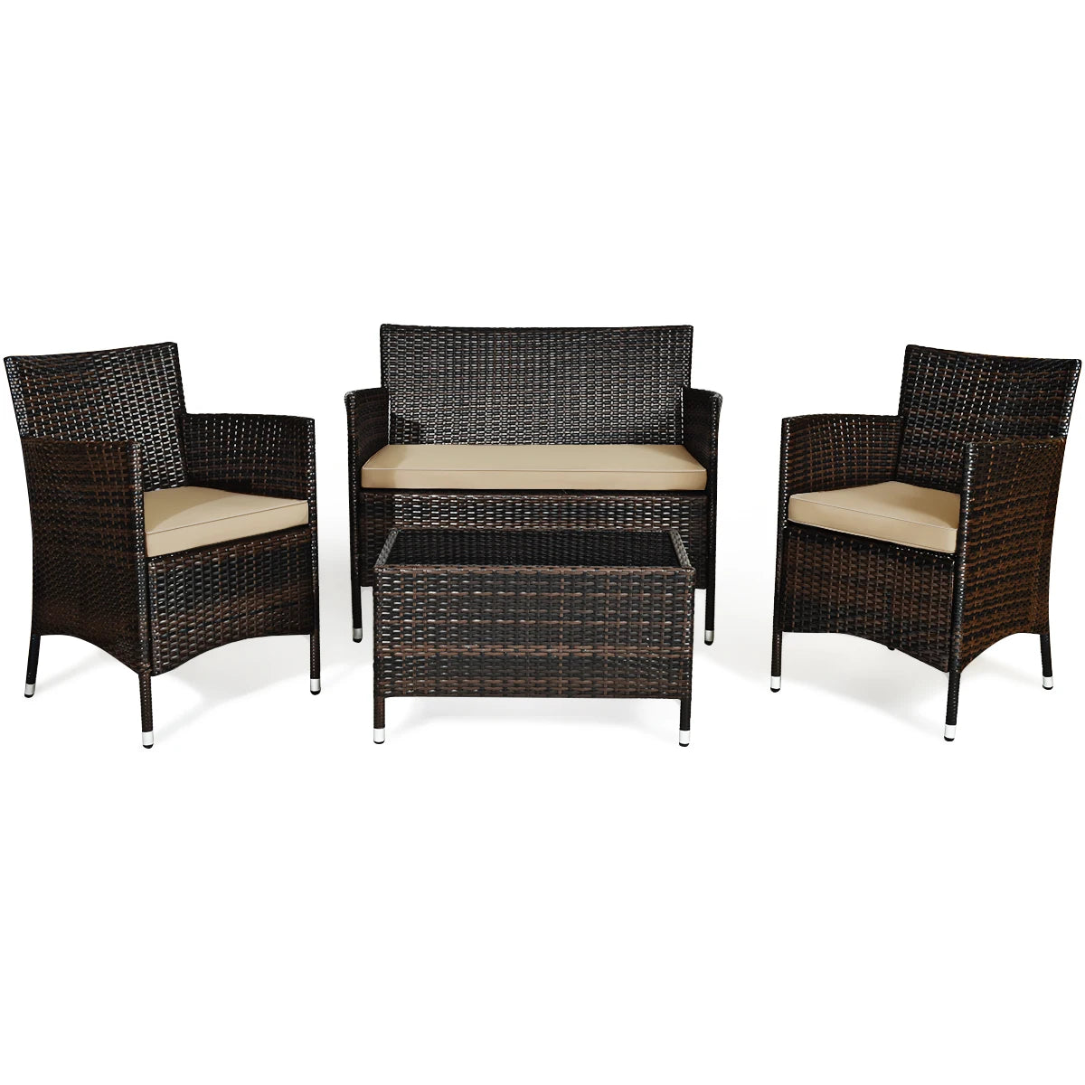 HOMASIS 4 Piece Rattan Patio Furniture Set Cushioned Sofa Chair Coffee Table Garden