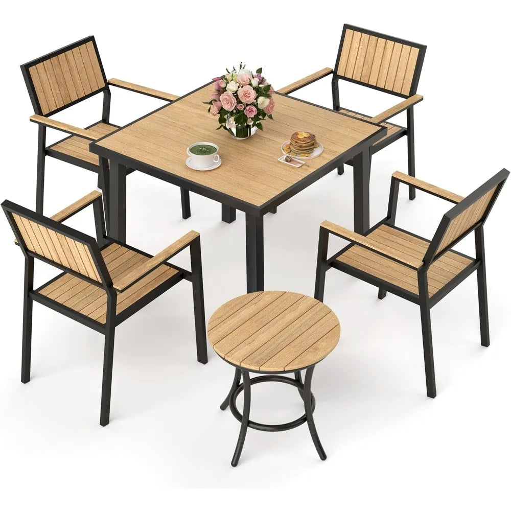 Patio Dining Set Outdoor Aluminum Furniture With Plastic Wood Tabletop Modern Style