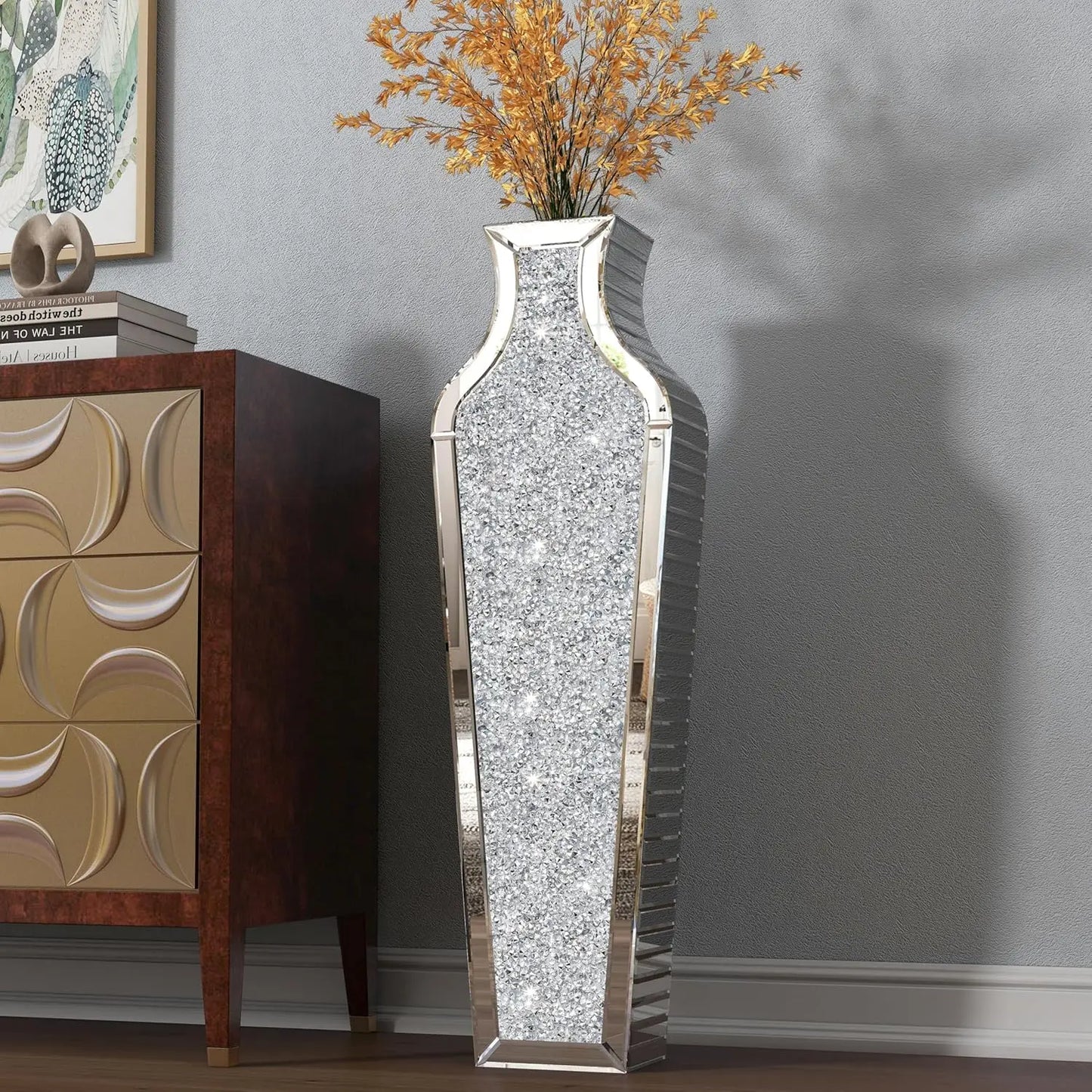 Function Crushed Diamond Mirrored Floor Vase For Pampas Grass Decor