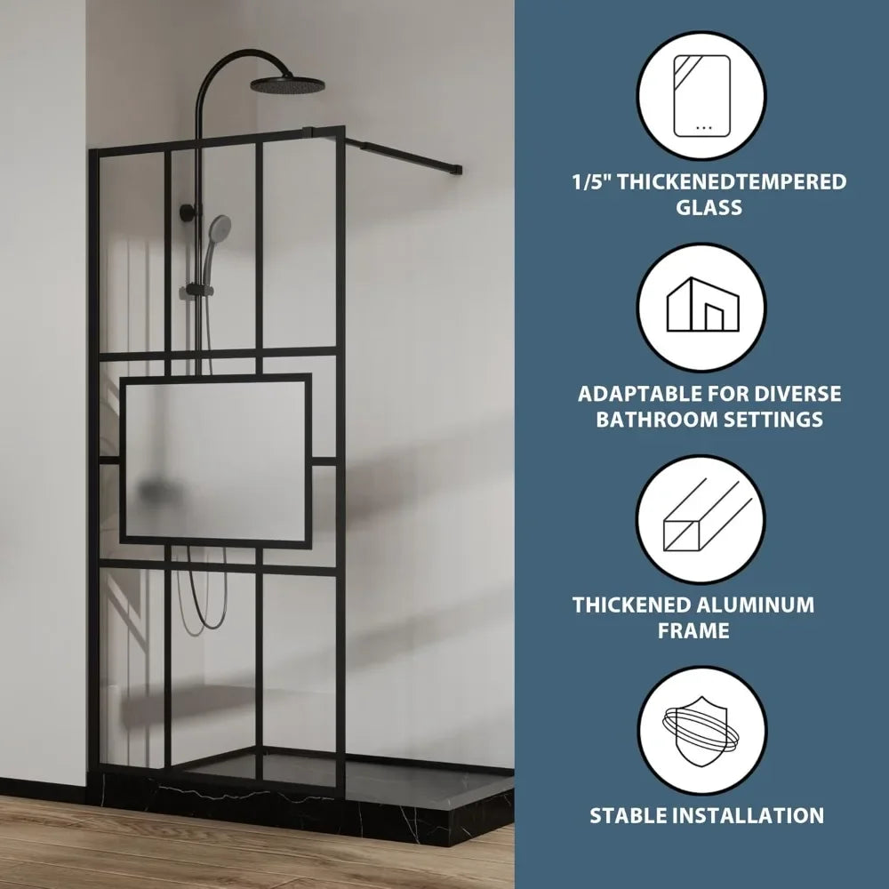Customizable 34” X 72” Glass Shower Door Fixed Framed Shower Screen Tempered Glass Panel For Walk-in Shower Room, Grid Pattern,