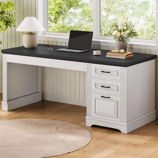 Farmhouse Executive Desk Computer Desk With Storage Drawers And Power Outlet For Home Office