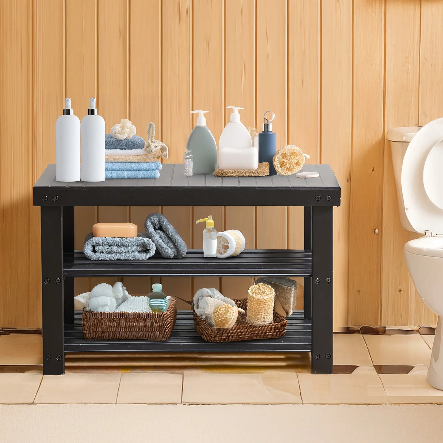 JHK 3-Tier Bamboo Shoe Rack Bench Holds 286 LB