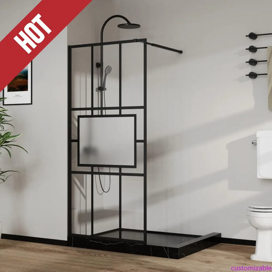 Customizable 34” X 72” Glass Shower Door Fixed Framed Shower Screen Tempered Glass Panel For Walk-in Shower Room, Grid Pattern,