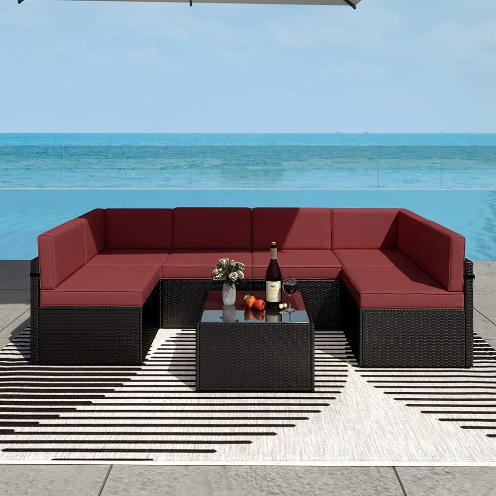 ZHUOTING 7Piece OutdoorPatio Furniture PE Wicker Rattan Sectional Conversation Set