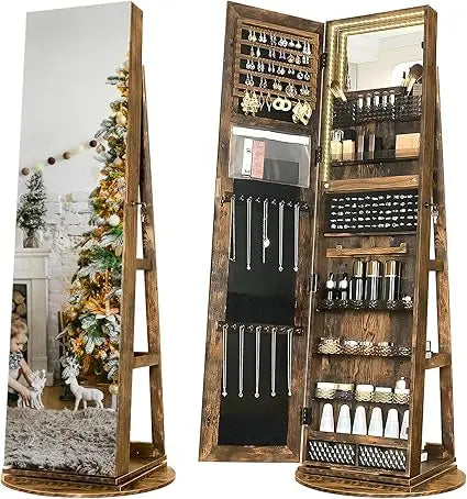 MKDK Mirror Jewelry Cabinet Armoire With LED Lighting 360 Degree Swivel Lockable