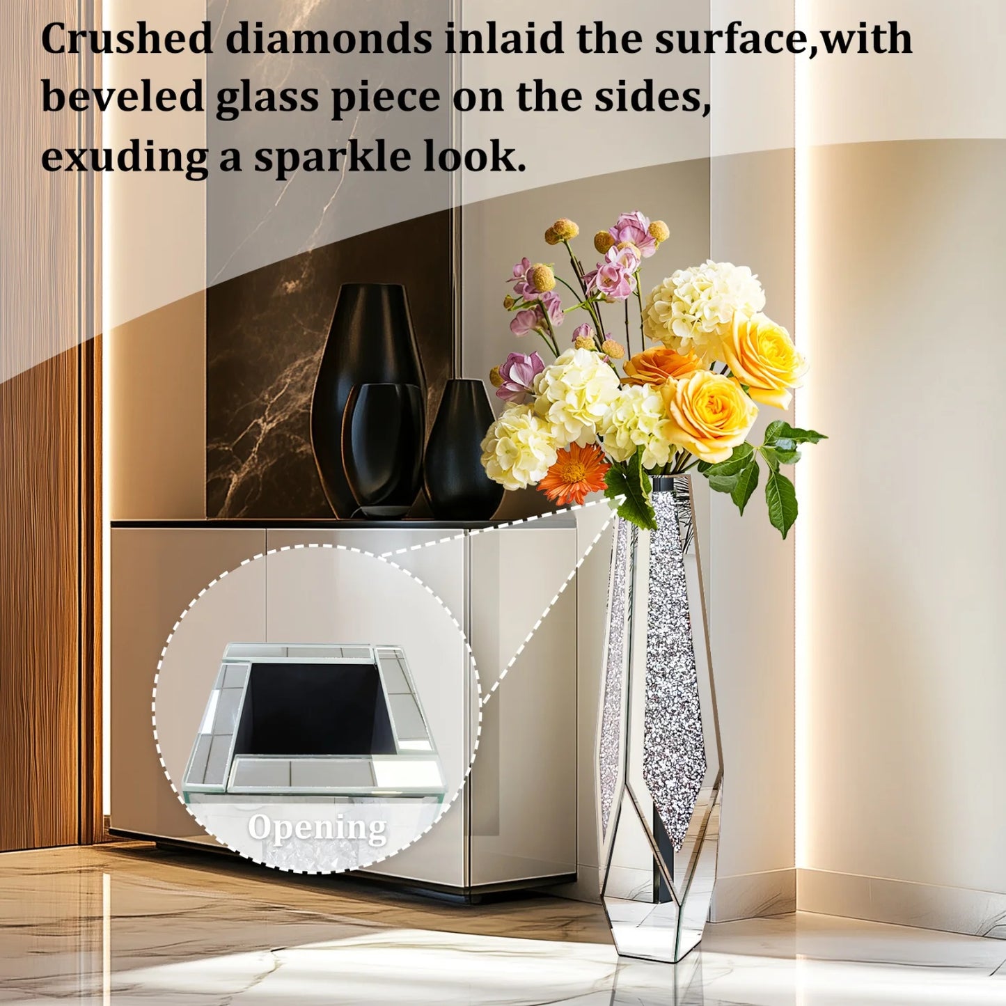 Function Crushed Diamond Mirrored Floor Vase For Pampas Grass Decor