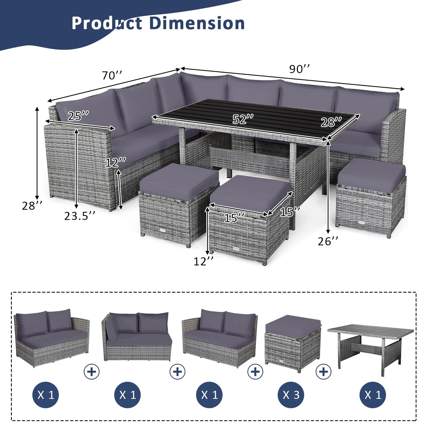 HOMASIS 7 Piece Patio Rattan Dining Set Sectional Sofa Ottomans
