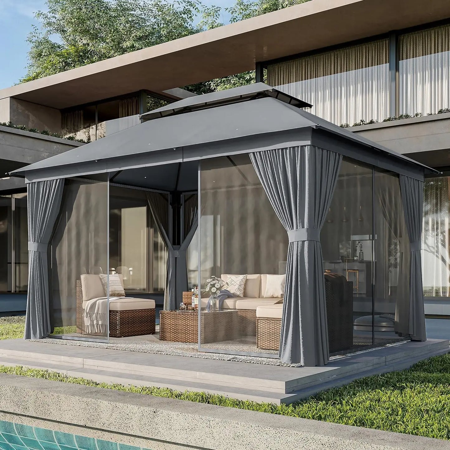 XMSJ Outdoor Gazebo Canopy With Double Roof Mosquito Net