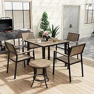 Patio Dining Set Outdoor Aluminum Furniture With Plastic Wood Tabletop Modern Style