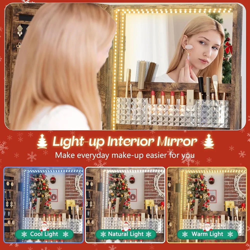 MKDK Mirror Jewelry Cabinet Armoire With LED Lighting 360 Degree Swivel Lockable