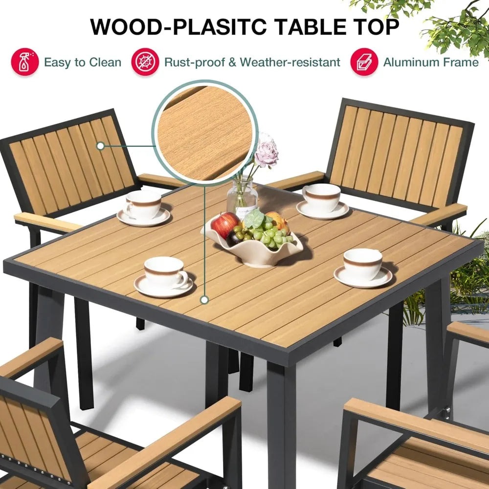 Patio Dining Set Outdoor Aluminum Furniture With Plastic Wood Tabletop Modern Style