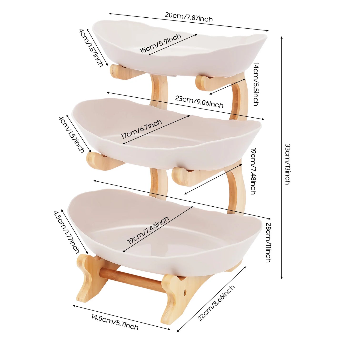 3-Tier Fruit Plate,Snack Dessert Cake Tray Plate Rack for Party Wedding,Fruit Bowl W/ Bamboo Wood Stand,Candy Dish Cake Stand