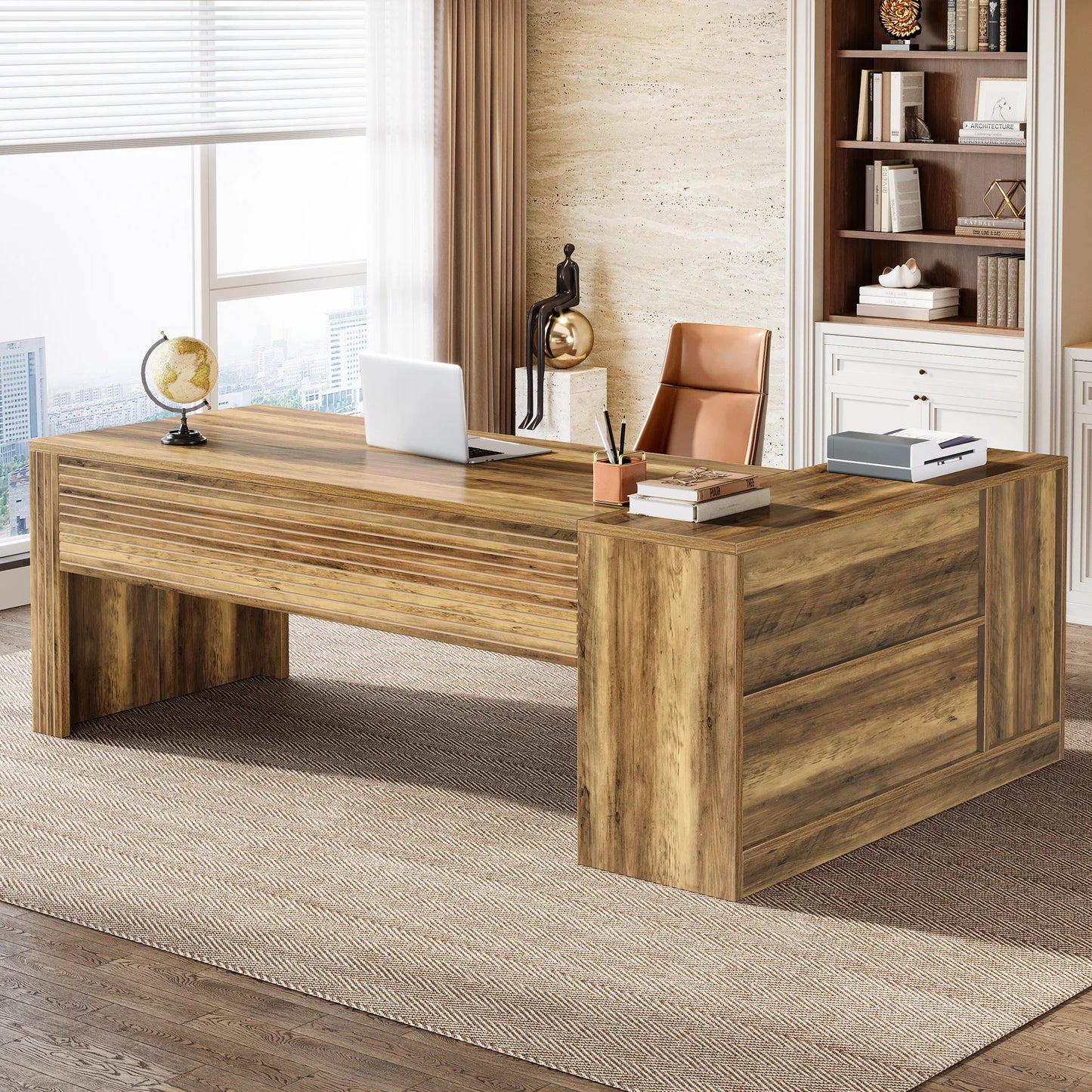 Tribesigns Large Executive L Shaped Desk With Cabinet And Ample Wooden Farmhouse Storage Shelves For Office
