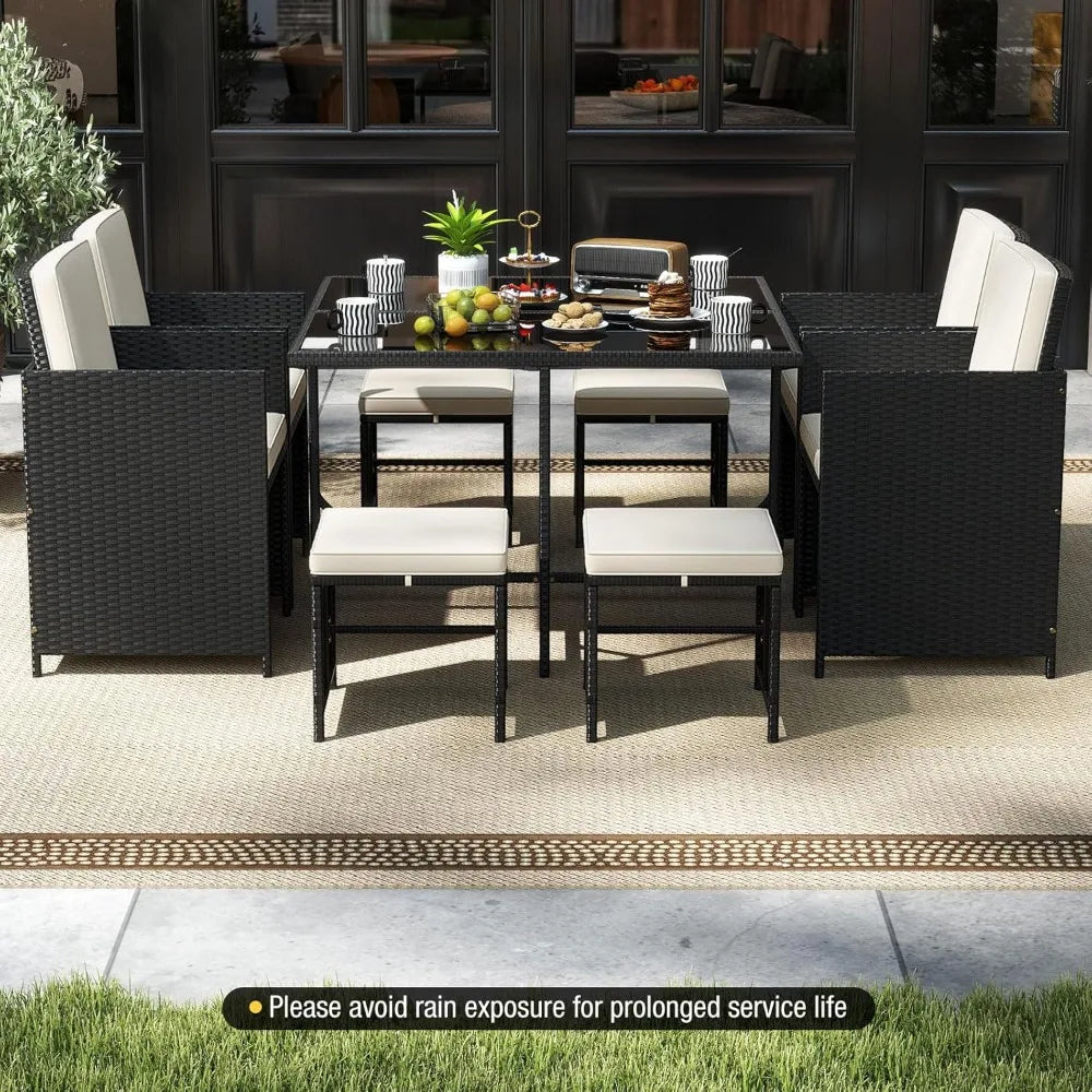 Patio Dining Set With Rattan Chairs And Tempered Glass Table