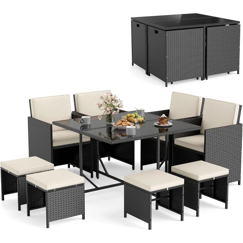 Patio Dining Set With Rattan Chairs And Tempered Glass Table