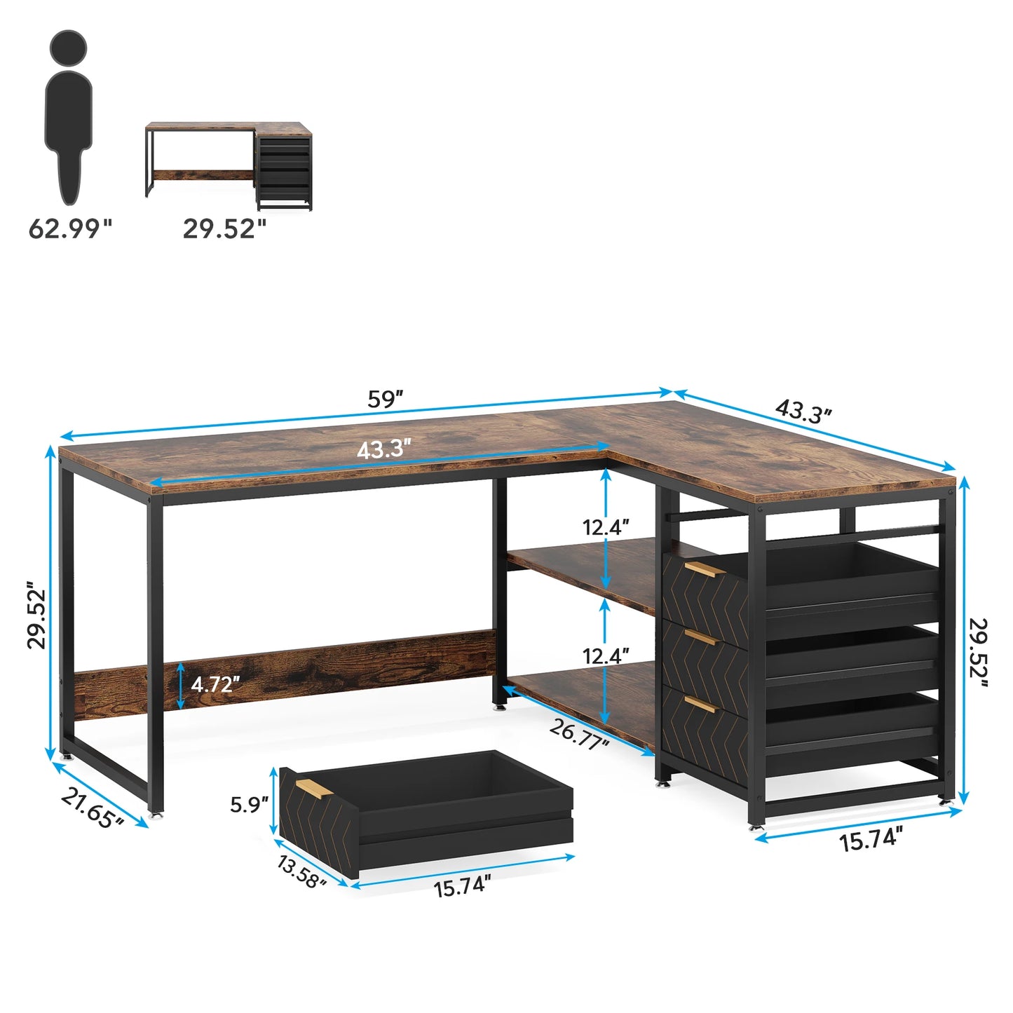 Tribesigns L Shaped Computer Desk With Storage Drawers And Shelves For Home Office Study Space Reversible