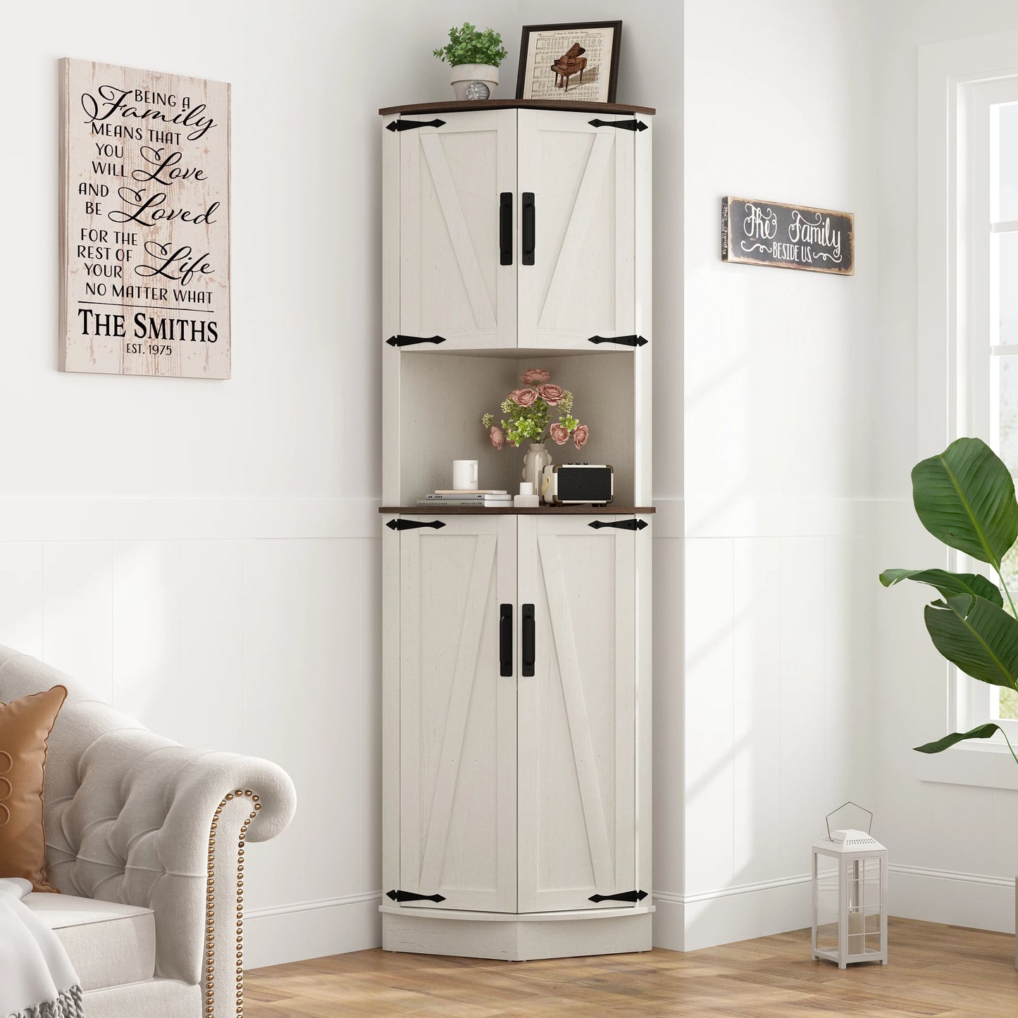 QiaoShiRenHign Farmhouse Bathroom Storage Tall Cabinet With Barn Doors And Adjustable Shelf