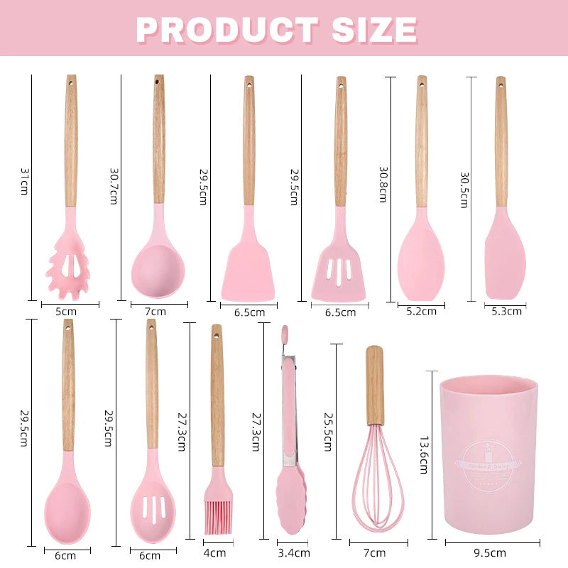 Silicone Cookware Set 12pcs Kitchen Utensil Wooden Handle Non-stick Spatula Shovel Spoon Kitchen Cooking Specialty Tools