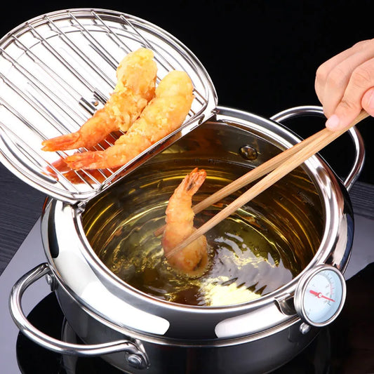 LMETJMA Japanese Stainless Steel Culinary DeepFrying Pot Integrated Thermometer Lid