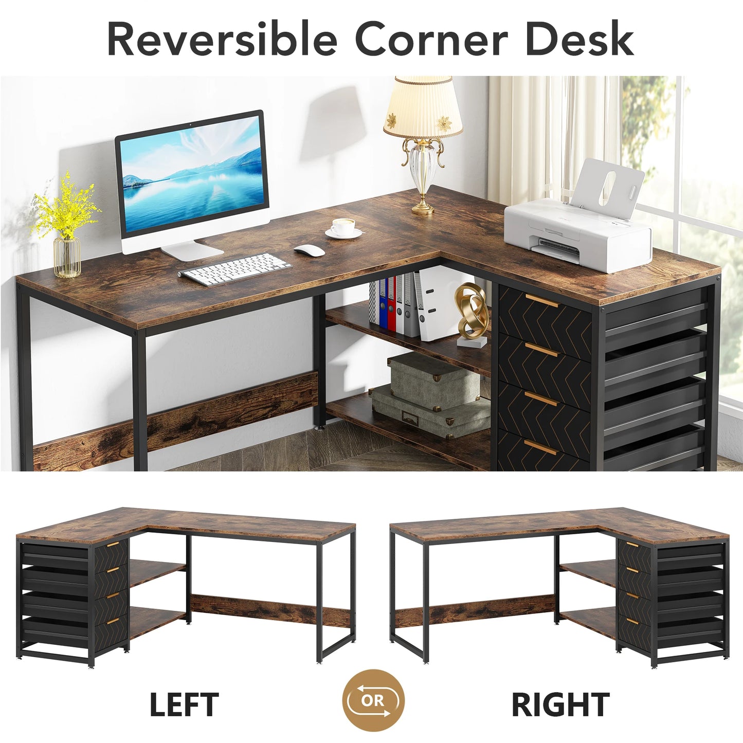 Tribesigns L Shaped Computer Desk With Storage Drawers And Shelves For Home Office Study Space Reversible