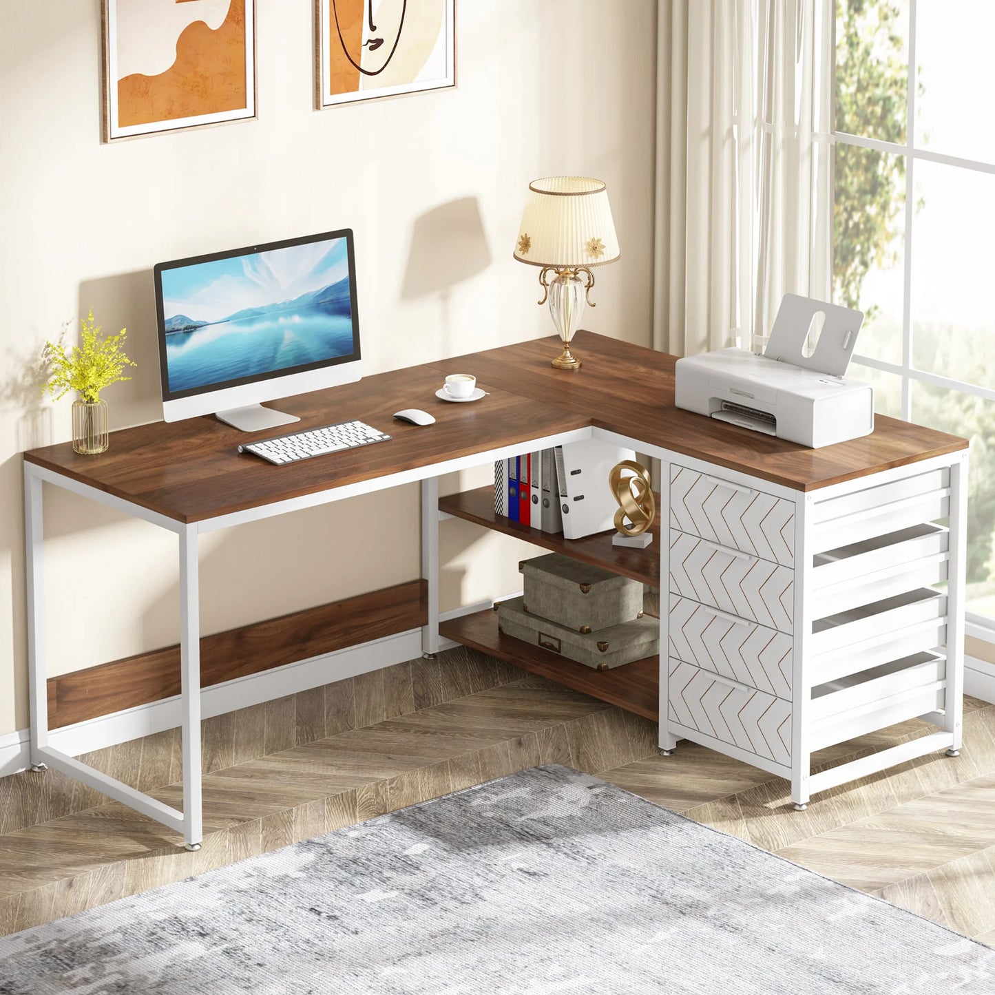 Tribesigns L Shaped Computer Desk With Storage Drawers And Shelves For Home Office Study Space Reversible