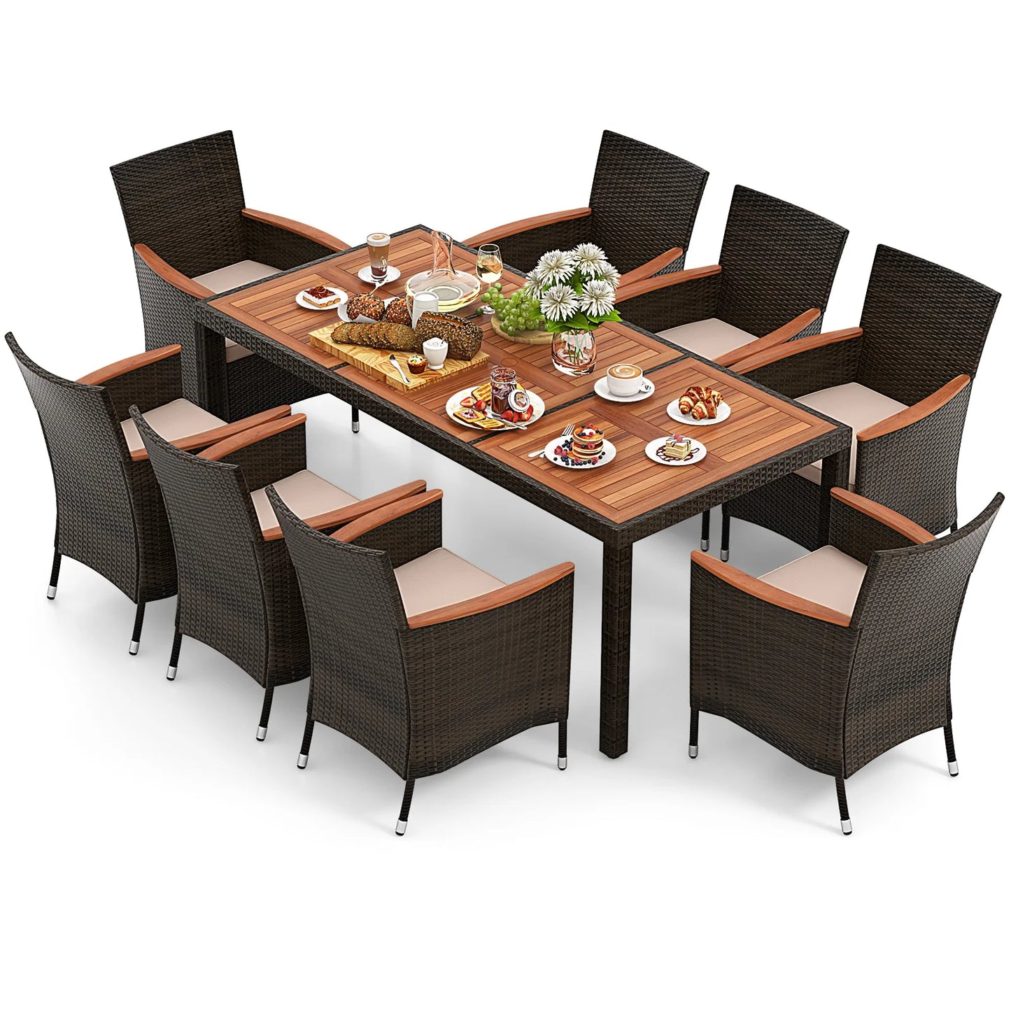 Homasis 9 Piece Patio Wicker Dining Set With Acacia Wood Table Umbrella Hole Cushions Chairs