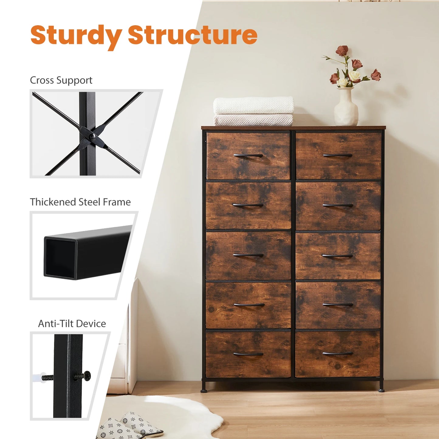 JHK Bedside Table With TenFabricDrawers Wardrobe SteelFrame Storage Cabinet Unit