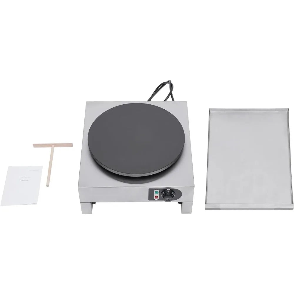 Crepe Maker Electric Circular Cereals Pancake Stove Commercial Non-Stick Flat Plate Crepe Machine with Rolling Flat Tool AndPlug