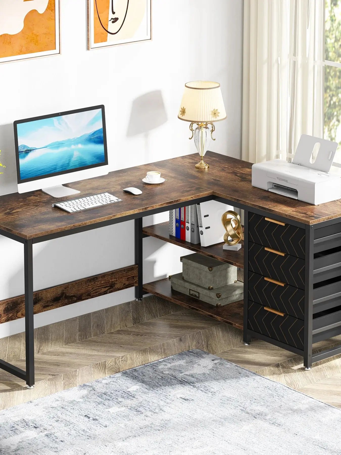 Tribesigns L Shaped Computer Desk With Storage Drawers And Shelves For Home Office Study Space Reversible