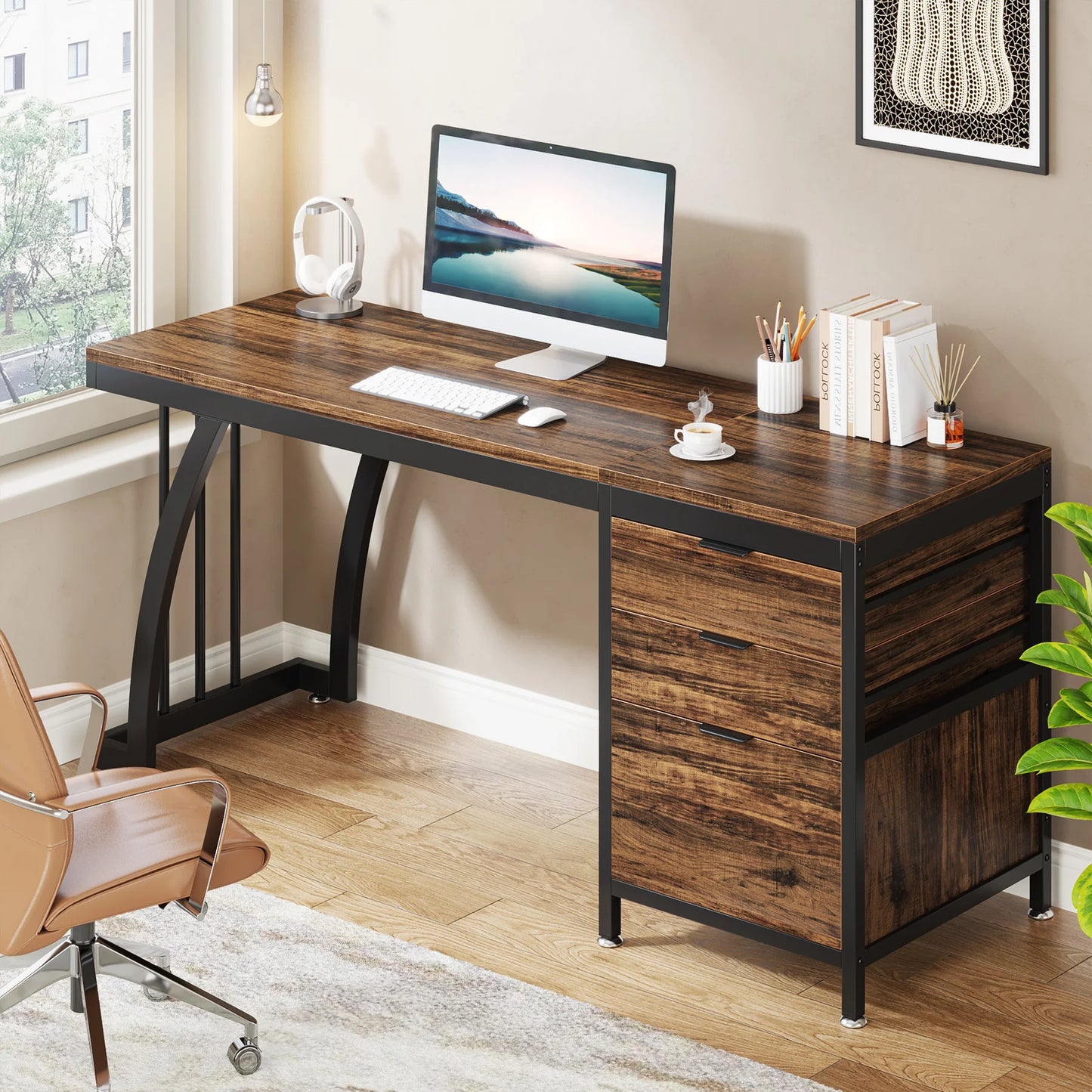 Tribesigns Computer Desk With 3 Drawers Industrial Study Table