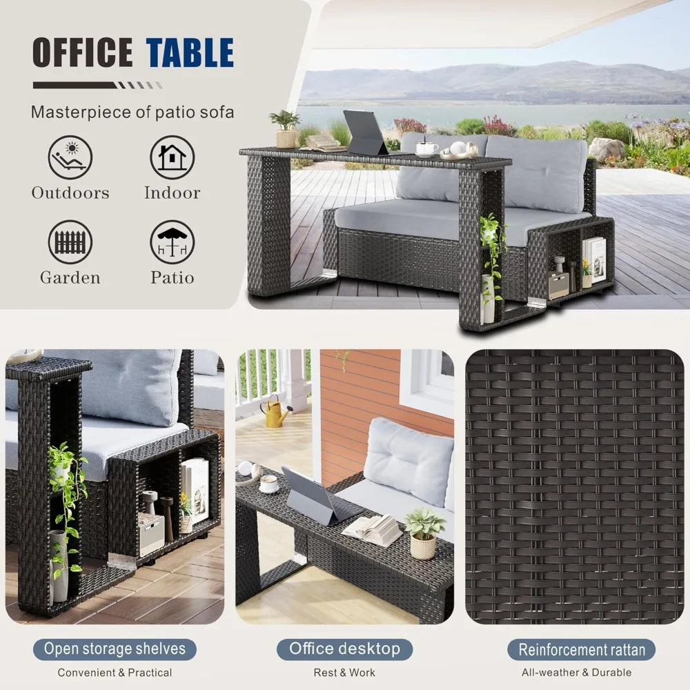 PatioArea Wicker Sofa With Foldable Table Allweather Rattan OutdoorFurnishings Set